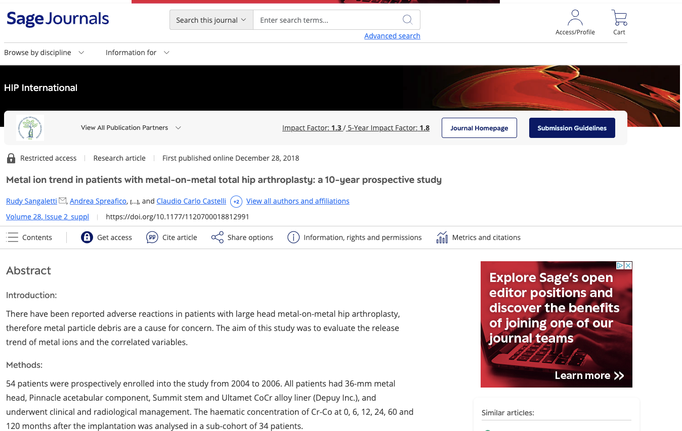 Tendenza degli ioni metallici nei pazienti sottoposti ad artroplastica totale dell’anca metallo su metallo