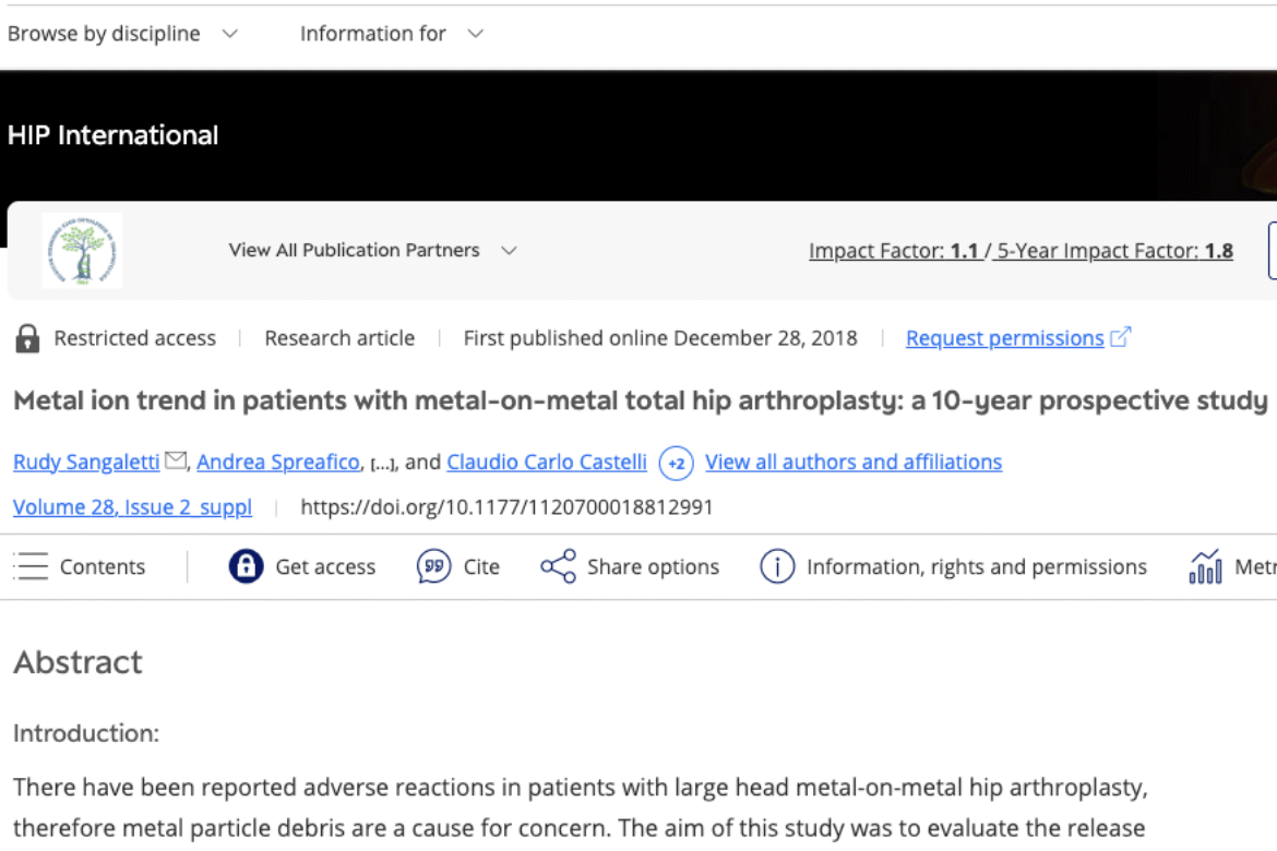 Dinamiche degli ioni metallici nei pazienti con protesi d’anca metal-on-metal.